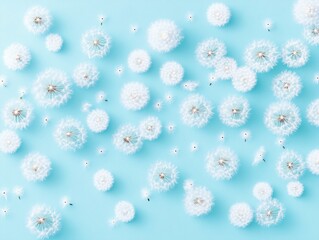 Naklejka premium Soft white dandelion seeds lie scattered across a calming light blue background, creating a peaceful and enchanting display of nature's beauty and simplicity.