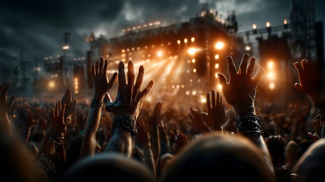 Dusk music festival friends celebrating open air crowd joy
