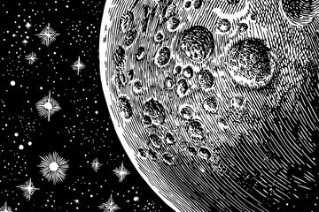 moon with craters and surrounding stars, suitable for astrology designs, science fiction branding or space-themed art a black and white line art illustration