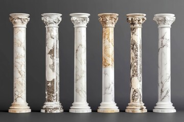 Obraz premium Six meticulously crafted marble columns are displayed in a contemporary exhibition space. Each column showcases distinct patterns and finishes, highlighting architectural beauty and detail.