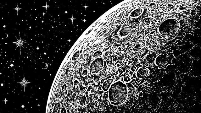 moon with craters and surrounding stars, suitable for astrology designs, science fiction branding or space-themed art a black and white line art illustration