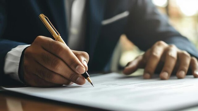 A man is writing on a piece of paper with a pen. He is dressed in a suit and tie, and the image conveys a sense of professionalism and formality