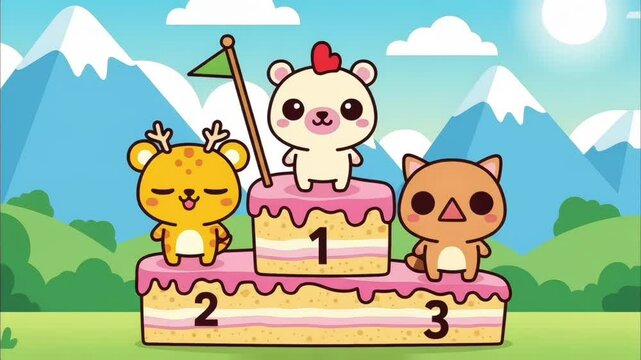 Cartoon Animals on Victory Podium: Bear Deer Boar Celebrate Success.