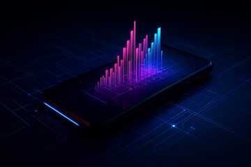 AI generated a futuristic smartphone displaying colorful vertical holographic data bars rising from its screen surrounded by glowing digital circuits and deep tech ambiance