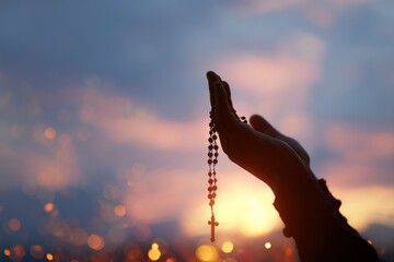 Two hands hold a rosary with a cross pendant against a softly blurred sunsetlike sky