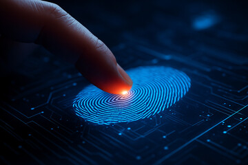 AI generated photorealistic sci-fi image showing a human finger scanning a glowing fingerprint on a futuristic interface symbolizing secure biometric access and digital precision