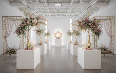 Fototapeta premium Art gallery-style wedding with cube tents as installations, minimalist tables, and floral sculptures.