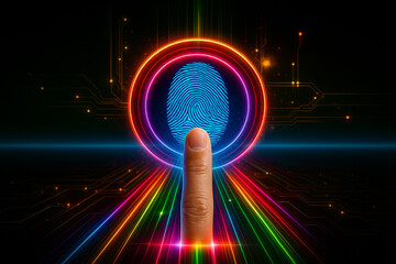 AI generated a realistic digital fingerprint scan scene with a glowing access interface highlighting cybersecurity identity verification in a futuristic data environment