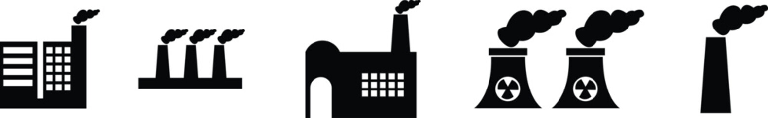 Industrial factory buildings icon set isolated on transparent background. Black silhouettes of plants and factories. Collection of industry manufactory building warehouse nuclear energy plant vector .