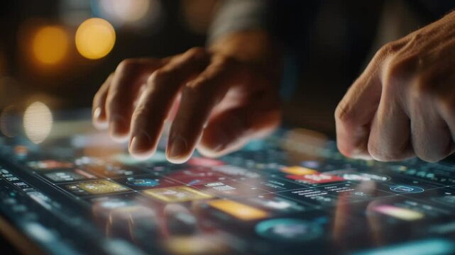 close-up of hands gesturing over a touchscreen table during a planning session, modern devices, clean UI glowing