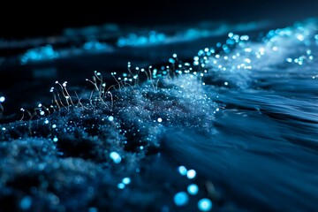 Nanotech algae harvesting ocean microplastics, bioluminescent particles in midnight blue water