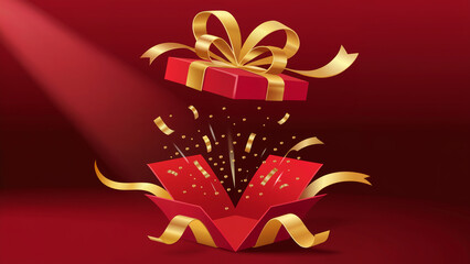 A 3D rendering of an open red gift box with a golden ribbon bow on top against a deep red background. 