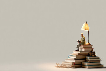 Miniature man reading book by lantern on stacked books, concept of learning and quiet time