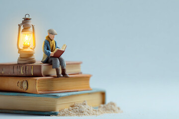 Miniature man reading book by lantern on stacked books, concept of learning and quiet time