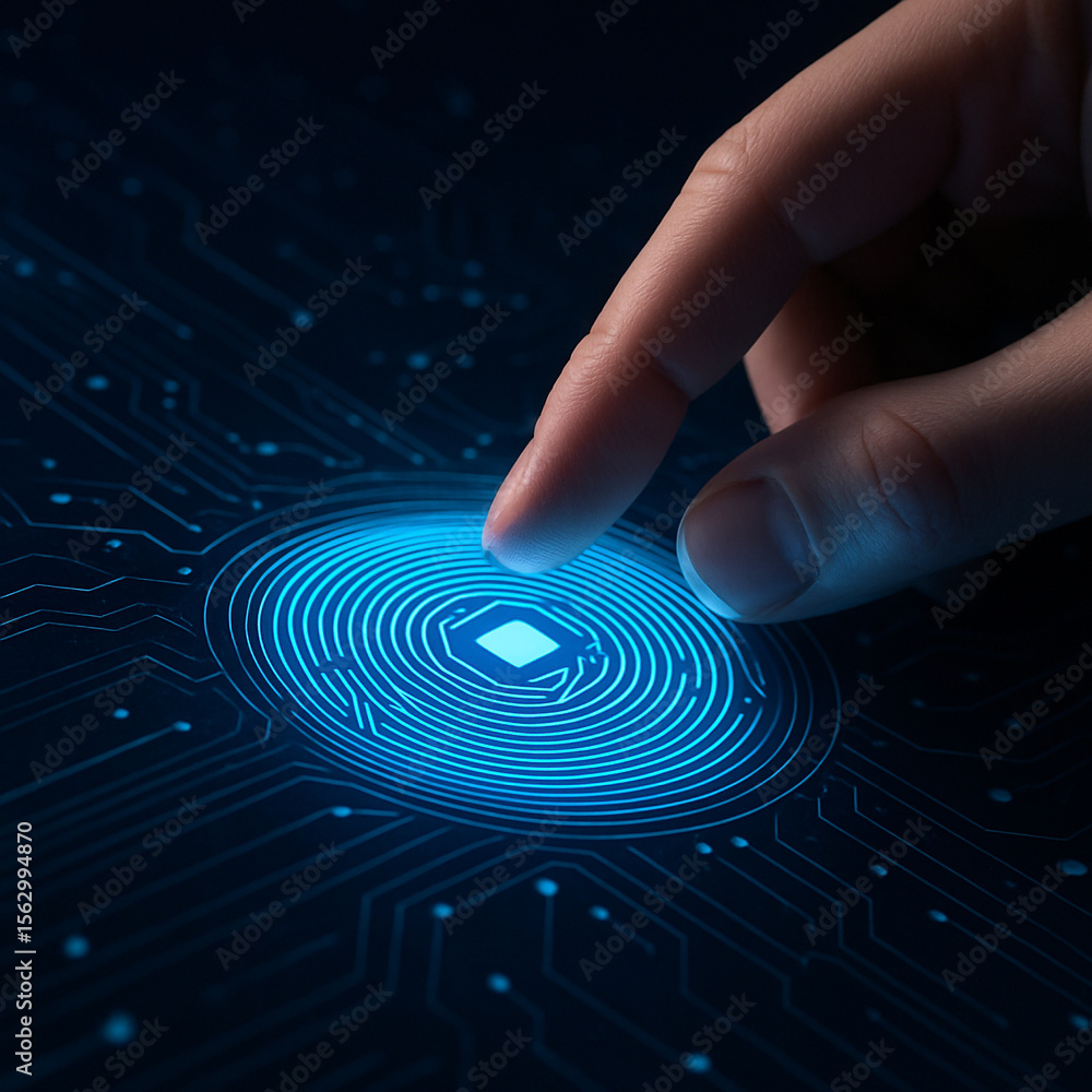 Poster ai generated realistic image of a human finger scanning a glowing digital fingerprint on a cyber int