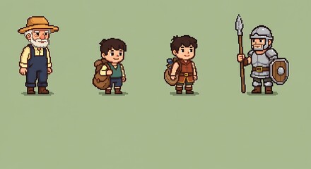 Pixelated characters from a game offer a vintage vibe with a farmer, adventurer, and medieval guard in a retro aesthetic.