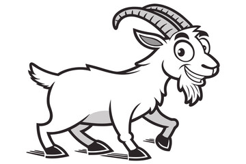 Cheerful cartoon goat with curved horns and a friendly smile walks confidently forward