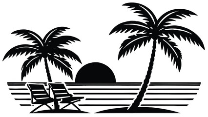 Obraz premium Black silhouette of two palm trees and beach chairs on a white background vector