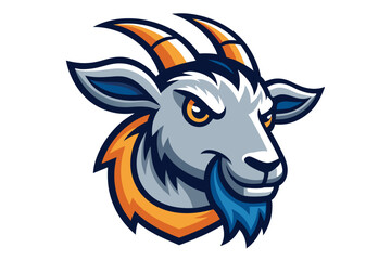 Cartoon goat mascot gazes with orange eyes and features white, blue, and orange highlights