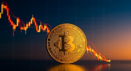 A golden Bitcoin coin sits against a backdrop of a declining cryptocurrency market graph.