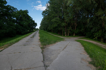 Obraz premium Concrete road on the flood protection dam near the Bodrog River, close to Borša village, Košice region, Slovakia. Summer view of countryside and forest edge.