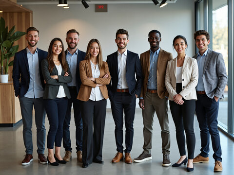 Diverse group of professionals standing together in a modern office space, showcasing teamwork and collaboration while representing different genders and ethnicities in a business environment