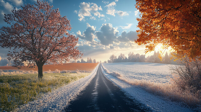 Scenic country road surrounded by autumn trees and winter landscape - Powered by Adobe