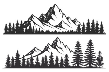 Black silhouette of pine trees and jagged mountains against white background forest