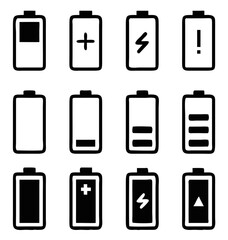 battery icon set, battery charge level indicator icon, Attention battery discharged, battery capacity symbol, vector illustration