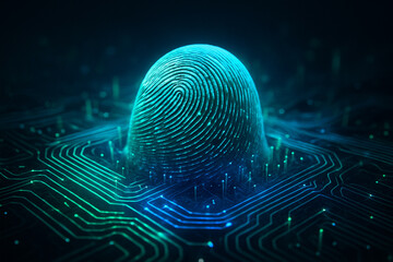 AI generated high resolution digital render showing a glowing biometric fingerprint dome over a futuristic cyber circuit board symbolizing identity verification and secure data systems