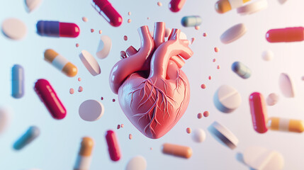 Heart surrounded by various colorful pills and capsules in abstract design
