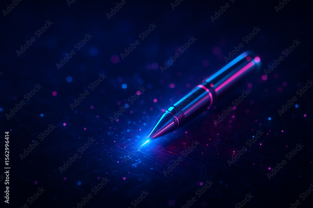 Aufkleber ai generated a glowing neon pen resting on a digital circuit board with blue and pink lights surroun