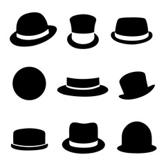 Collection of retro hats silhouette. black man's retro hat with white ribbons on a white background