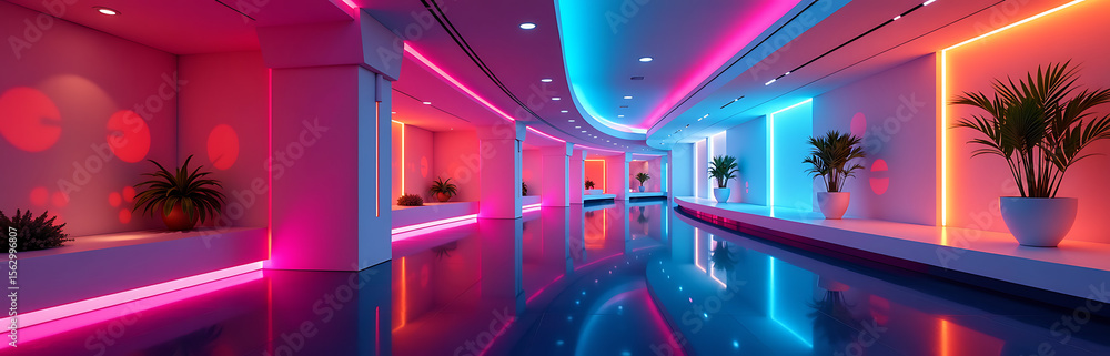 Poster vibrant colors blend modern futuristic design featuring geometric shapes neon lights wide panoramic 