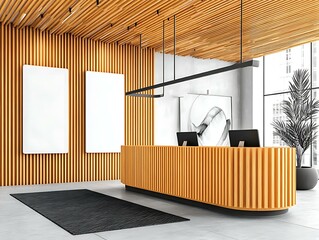 Minimalist Interior Mockup of a contemporary lounge and library space with a white sofa, light wooden armchairs Architectural Mockup Spaces Professional Home and Office Interiors