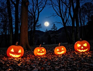 Three Carved Pumpkins Under Moonlit Leaves at Night