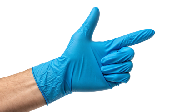 Hand wearing a blue medical glove pointing to the right isolated on transparent background