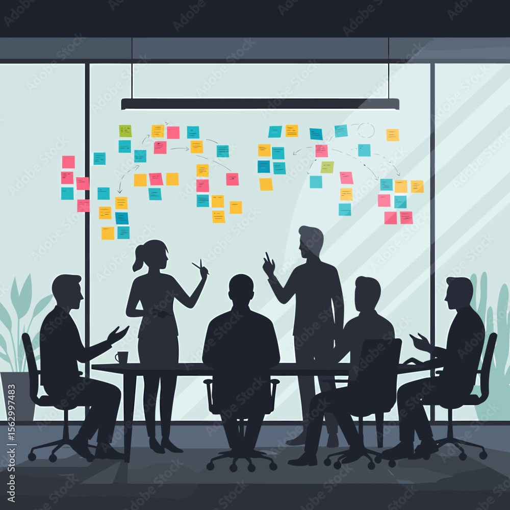 Poster team brainstorming session in modern office, using sticky notes to map ideas.