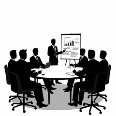 Silhouetted business team in a meeting, presenting a financial report and discussing strategies.