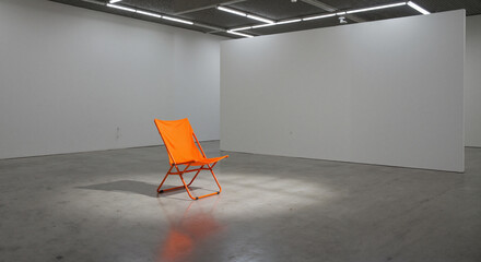 Bright orange folding chair in an empty modern gallery space