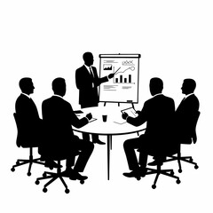 Silhouette illustration of a business meeting with a presenter pointing to a graph on a whiteboard, surrounded by seated colleagues.