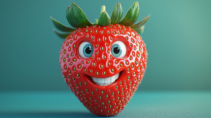 Smiling strawberry character with big eyes and cheerful expression