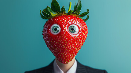 Strawberry-headed character in a suit on a blue background