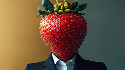 Person with a strawberry head stands elegantly against a colorful backdrop