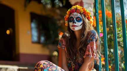 Celebrating Dia de los Muertos with traditional makeup and vibrant attire