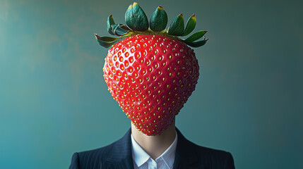 Art concept of a person in formal wear with a strawberry head