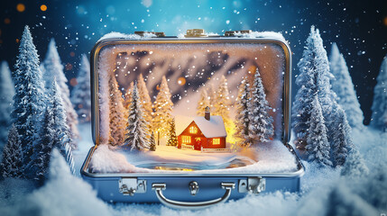 Snowy winter lodge inside a suitcase, glowing with warmth and charm