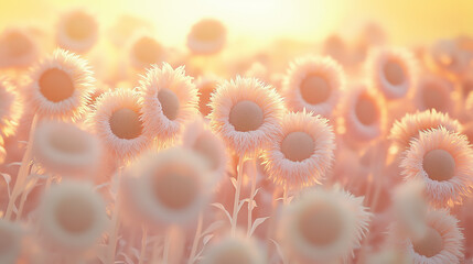 Sunlit sunflower field blooming at golden hour in soft pink hues