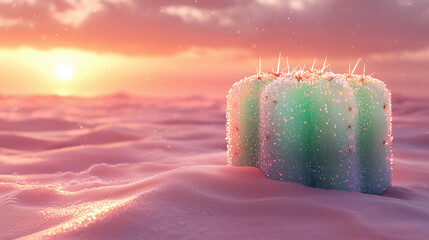 Unique crystal-like formations emerge in a vast snowy landscape at sunrise