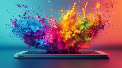 Vibrant color explosion from tablet showing creativity and technology blend